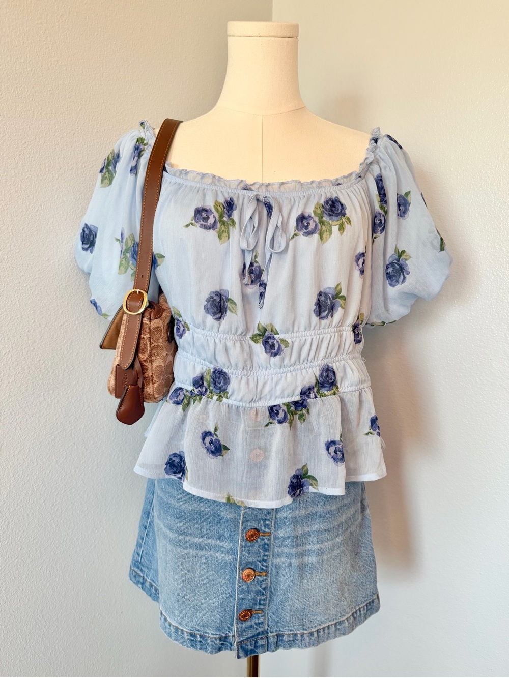 Light Blue Floral Peasant Top with Puff Sleeves - Francesca’s Size XL